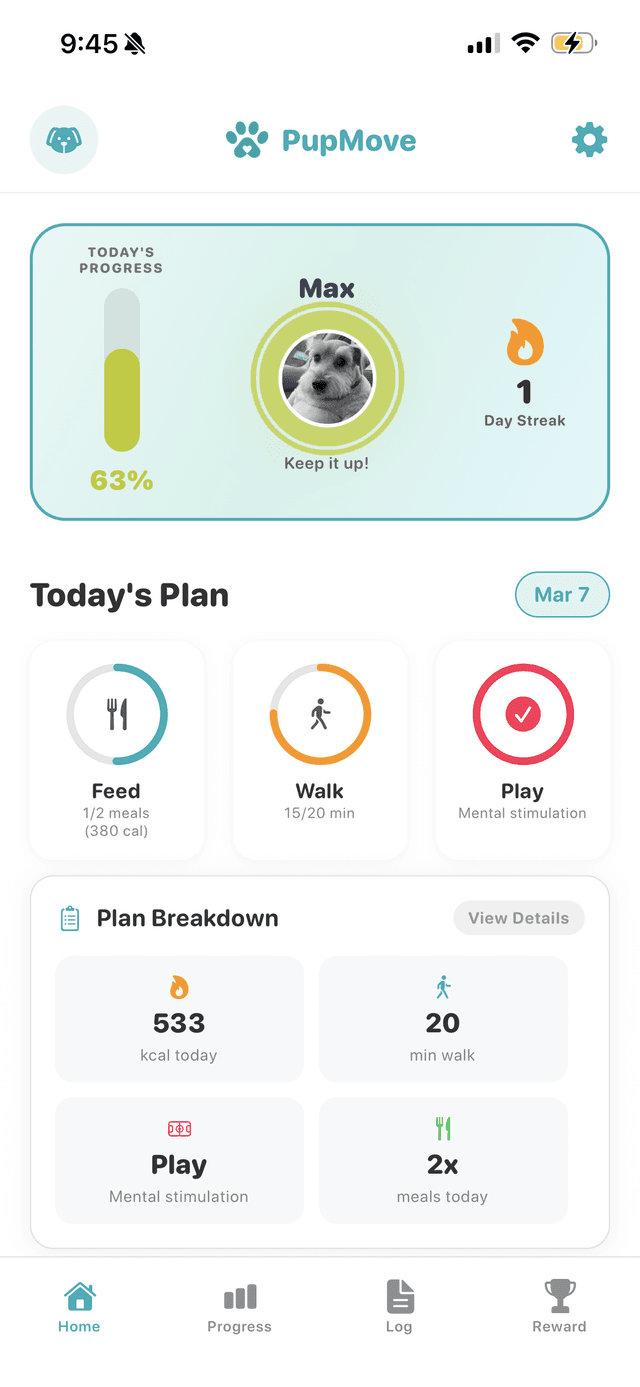 PupMove app home dashboard